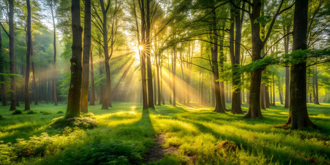 Fototapeta premium Forest Sunrise: A breathtaking panoramic view of a sun-drenched forest, with golden rays piercing through the canopy, casting long shadows on the lush green foliage. A sense of serenity and tranquili