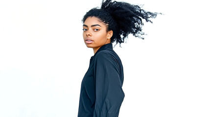 Unwavering Gaze: Young black woman with flowing hair, exuding confidence and strength against a white backdrop. 