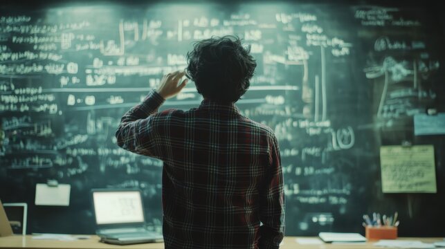 Confused student standing in a classroom scratching his head while looking at the chalkboard with complex notes, view from behind.