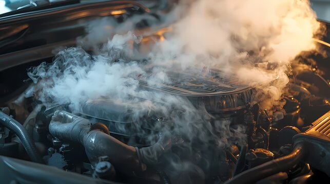 A close-up view of a car engine engulfed in steam, capturing the intricate details and the tension of an overheating situation.