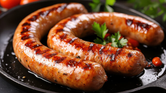 Delicious pork chipolatas sausages in a frying pan isolated on white