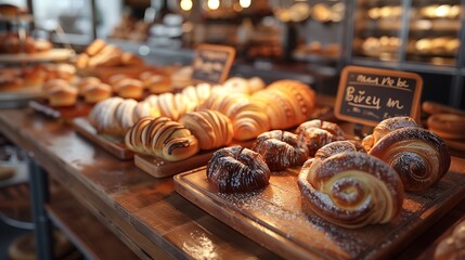 Freshly Baked Croissants and Pastries on Wooden Trays in Bakery