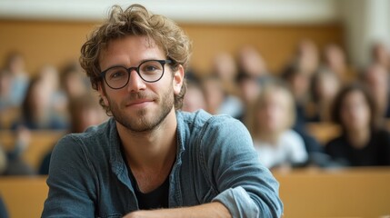 Fototapeta premium Young man with curly hair and glasses sitting in a classroom or lecture hall, students in the background.