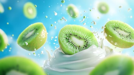 Fresh Kiwi Fruit Splashing into Creamy Milk