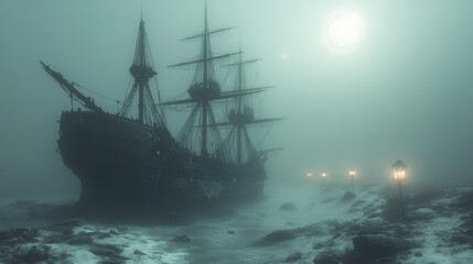 Fototapeta premium Ghostly Pirate Ship Aground: Eerie Atmosphere of Broken Masts and Tattered Sails in Misty Moonlight on Blender Rendered Beach