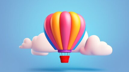 Fototapeta premium A colorful cartoon hot air balloon floats above white fluffy clouds against a light blue sky.