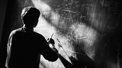 A person stands in front of a chalkboard, writing complex equations on the board with a thoughtful focus