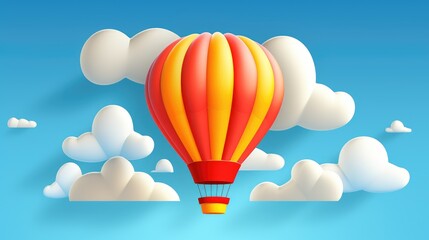 Obraz premium A red and yellow hot air balloon floats in a clear blue sky with fluffy white clouds.