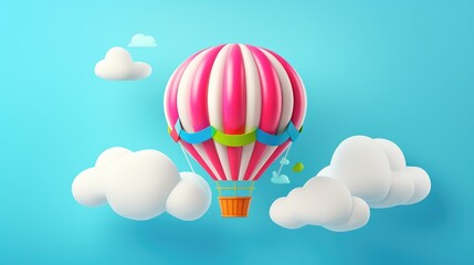 A pink and white striped hot air balloon floats in a blue sky with white clouds.