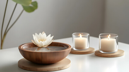 Minimalist spa arrangement with wooden bowl, white lotus floating in water, and two candles on wooden coasters