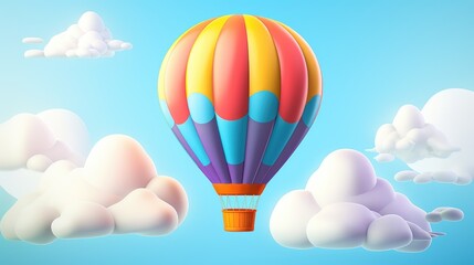 A colorful hot air balloon floats against a blue sky with puffy white clouds.