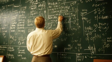 Professor or lecturer standing in front of a large chalkboard filled with complex mathematical equations, writing or solving a problem