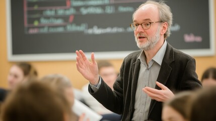 Older male professor with glasses and a beard explaining a concept to a group of students in a classroom. Blackboard in the background containing mathematical or scientific notations