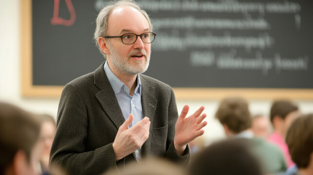Older male professor with glasses and a beard explaining a concept to a group of students in a classroom. Blackboard in the background containing mathematical or scientific notations
