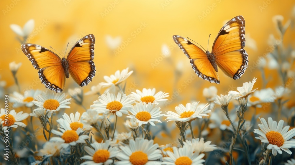 Canvas Prints Two Yellow Butterflies Soaring Above Daisies