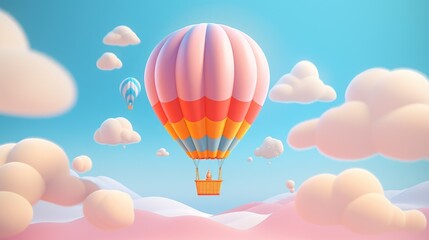 Fototapeta premium A pink and orange hot air balloon flies over a fluffy white and pink cloud landscape.