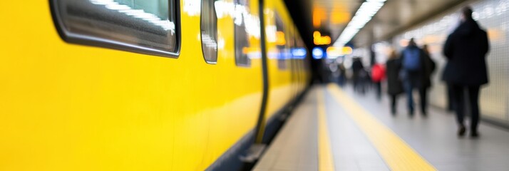 Obraz premium A vibrant yellow metro train on a platform with passengers in a modern well-lit station. The train's sleek design and the bustle of people create an urban commuting scene.