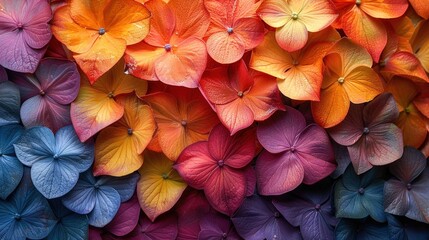 A vibrant gradient of blue, orange, and red hydrangea petals creates a colorful, abstract background.