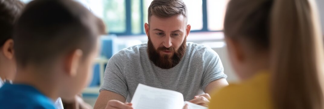 A dedicated male teacher discusses assignments with attentive young students, fostering a nurturing and educational atmosphere in a vibrant classroom setting.