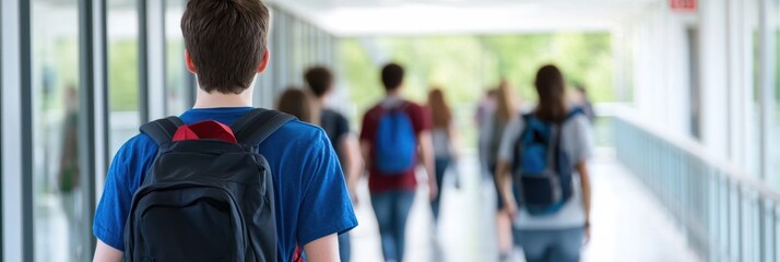 Students with backpacks walking through a school hallway, highlighting the daily routine of education and the social environment of a typical school setting full of learning opportunities.