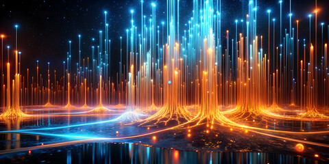 Celestial Data Streams: A mesmerizing fusion of glowing lights, symbolizing the flow and interconnectedness of information in a digital age. 