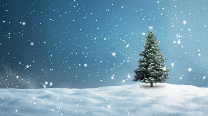 Christmas tree in a snowy winter landscape with falling snowflakes at night