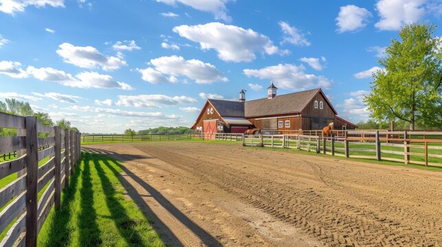 A horse farm with stables and a riding arena.