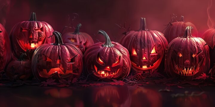 Terrifying pumpkins with wicked grins, bathed in a sinister burgundy light on a dark Halloween night.