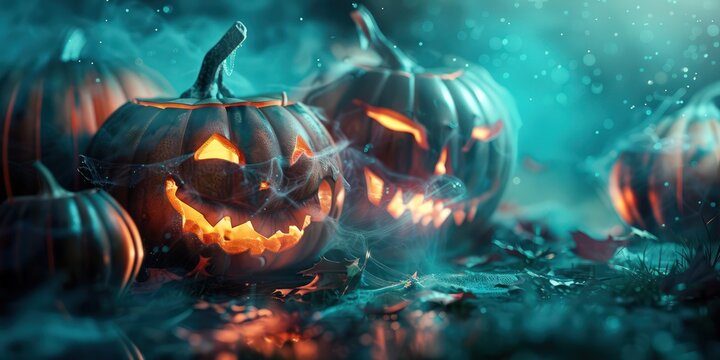 Terrifying pumpkins with wicked grins, bathed in a sinister aquamarine light on a dark Halloween night.
