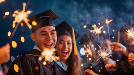 graduate and their family having fun with sparklers and fireworks in the evening, celebrating the milestone with excitement and joy, with copy space for text