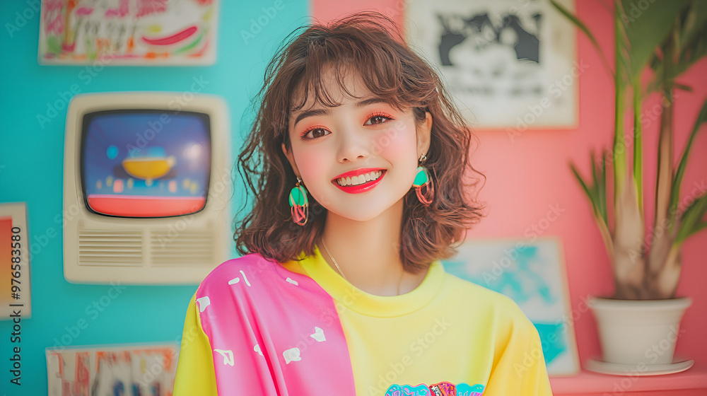 Wall mural Gen-Z Beautiful Asian Fashionable Female in Neon Stylish Clothes, Happy and Smiling