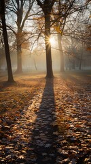 Fototapeta premium golden hour in a foggy urban park, with the sun casting long shadows through the mist and illuminating the autumn leaves, creating a peaceful and reflective scene, with copy space for text