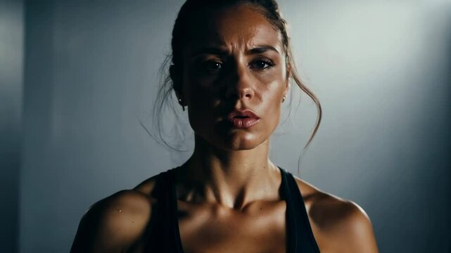 Close-up portrait of a young woman tired after training in the gym. She wears her fatigue like a badge of honor, showcasing the hard work and commitment behind her fitness journey.