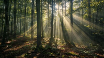Obraz premium a dense forest with rays of golden sunlight filtering through the trees, casting long shadows and creating a warm, tranquil atmosphere, with ample copy space for text
