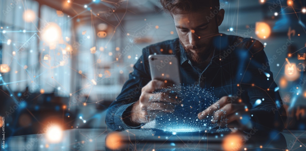 Poster digital technology and cloud computing: global network connection, online business, software enginee