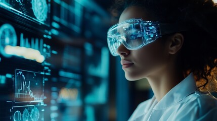 Scientist observing data through augmented reality interface, futuristic technology visualization. AI generated