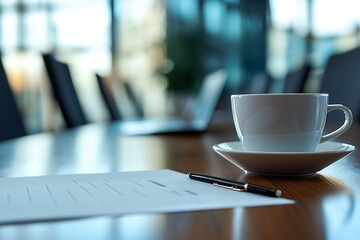 Office Desk with Coffee Cup  Pen  and Paper