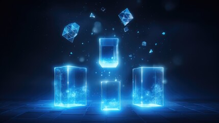 Abstract geometric shapes glowing with blue light on a dark background.