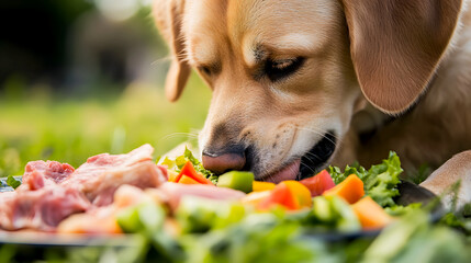 dog happily eating a biologically appropriate raw food meal, featuring raw meat and colorful