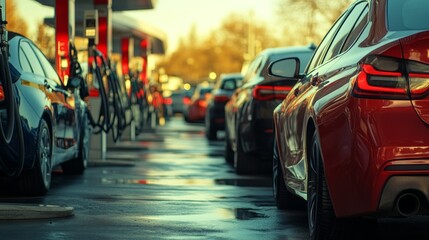 Obraz premium Cars Lined Up at Gas Station for Fuel During Day