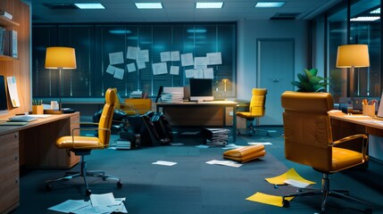 Obraz premium darkened office space with scattered documents, overturned chairs, and empty desks, a visual of a failed business
