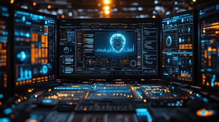Obraz premium Futuristic Technology Interface With Data and Graphics on Monitors