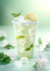 Refreshing lemonade with ice, lemon and jasmine flowers in a plastic cup on a green background.
