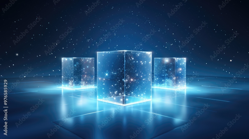 Poster three glass cubes filled with a galaxy of stars in a dark blue background with blue lighting and flo