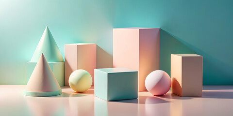 Pastel Geometry: A symphony of pastel-hued geometric shapes, spheres, cubes, and pyramids, arranged in a minimalist composition against a serene teal backdrop.  
