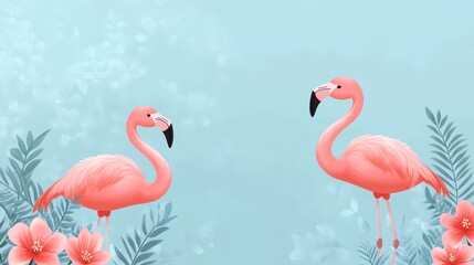 Pink Flamingo Couple on Blue Background with Tropical Plants and Flowers