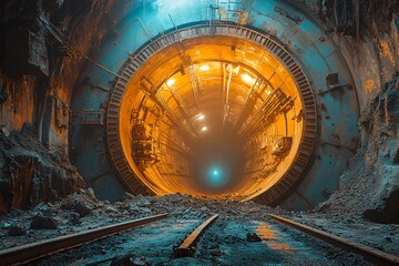 Fototapeta premium Tunnel Construction Underground Railway Construction Site with Tracks and Lights