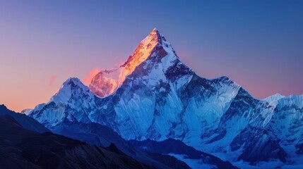 A mountain peak illuminated by the first light of dawn