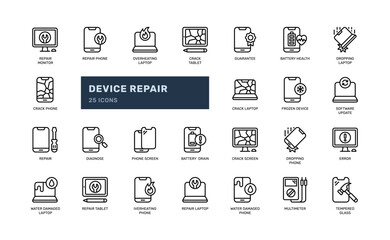 repair device or gadget electronic phone computer tablet detailed outline line icon set