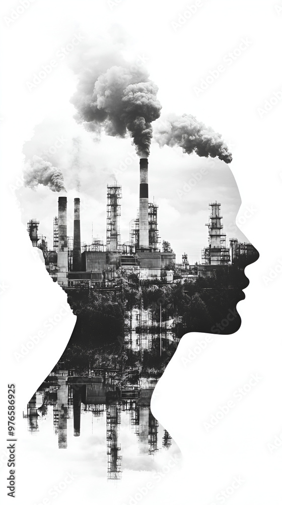 Wall mural Double exposure with a black and white man head and factory landscape pollution